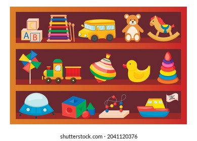 Children's toys on a wooden shelf. Cartoon style. Kit. For your design.