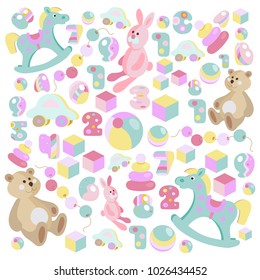 Childrens toys pastel cartoon style teddy bear, rocking horse, pink rabbit vector set