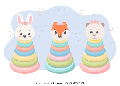 Children's toys pyramids, bunny, cat and fox. A set of pyramides. Pastel colors. Illustration, vector