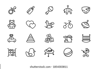 Children's toys and rattles for the youngest. Vector icons with editable line for children's online stores.