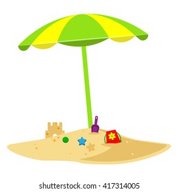 Children's toys in the sand and castle under the sunshade big umbrella. Vector illustration