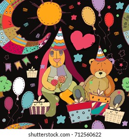 Children's toys seamless pattern. Patchwork toys in a romantic style on black background. Fashionable template for clothes, textiles, t-shirt design. Style vector