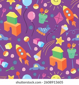 Childrens toys seamless pattern. Vector illustration flat style. Kids ornament colorful elements with cars, sandbox toys, cubes, rocket. Good for you design