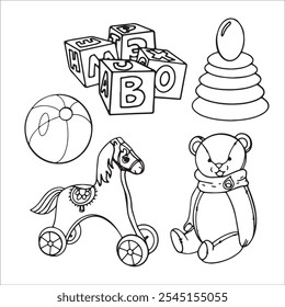 children's toys set of hand-drawn doodles with linear vector illustration