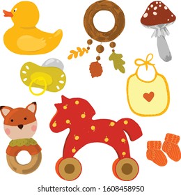 Children's toys. Set of illustrations from children's things. Gifts for the birth of a baby. Good for printing bedding, indoor wallpaper, fabrics.