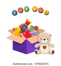Children's toys set in an open paper box on a white background with lettering colored ball toy BOX, full of children's toys including teddy bear, train, ball, rubber duck, whirlwind. EPS 10