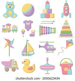 Childrens toys, a set of vector toys for children. Cartoon childrens toys. Game activity, a set of characters for childrens entertainment.