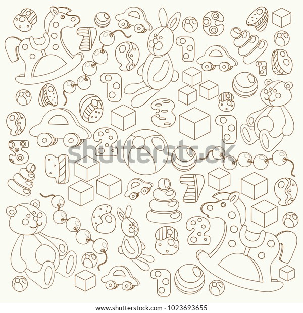 Childrens toys\
silhouette cartoon style teddy bear, rocking horse, rabbit, toy\
blocks, balls and letters vector\
set