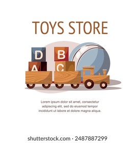 Concepto de tienda de juguetes para niños. Tren, bloques de madera de juguete y bola. Vector