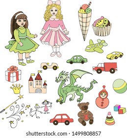 Children's toys in the style of children's drawing. Vector. A set of children's toys: Dolls, cars, helicopter, ball, pyramid, bear, castle, dragon, prince and princess.