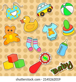 Children's toys and supplies with stickers, balls, shirts, socks, ducks, feeding bottles, dolls, and aprons.  Doodle vector illustration