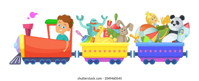 Childrens toys in train. Vector cartoon illustrations isolate on white. Train with toy for play and game, colored locomotive plastic