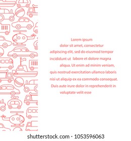 Children's toys: trucks, cars, bus, dump, ball, boat, helicopter. Design for poster or print.