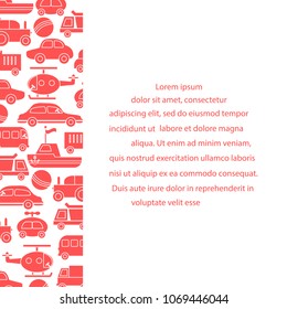 Children's toys: trucks, cars, bus, dump, ball, boat, helicopter. Design for poster or print.