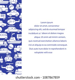 Children's toys: trucks, cars, bus, dump, ball, boat, helicopter. Design for poster or print.