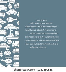 Children's toys: trucks, cars, bus, dump, ball, boat, helicopter. Design for poster or print.