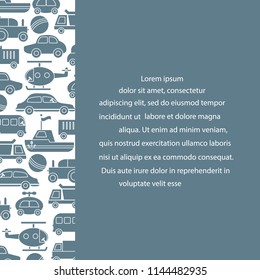 Children's toys: trucks, cars, bus, dump, ball, boat, helicopter. Design for poster or print.