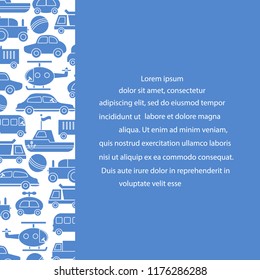 Children's toys: trucks, cars, bus, dump, ball, boat, helicopter. Design for poster or print.