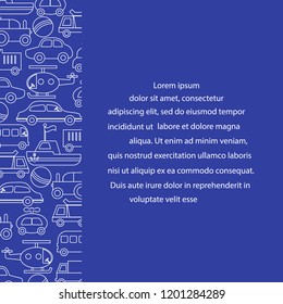 Children's toys: trucks, cars, bus, dump, ball, boat, helicopter. Design for poster or print.