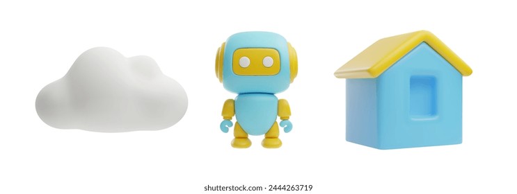 Children's toys in vector 3D set with toy robot, house and white cloud. Isometric collection of children's development, recreation and education on isolated background.