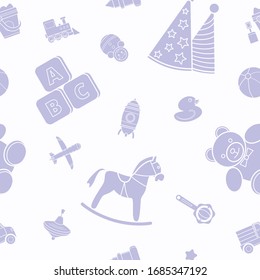 Children's toys - Vector background (seamless pattern) of silhouettes bear, ball, horse, car, train, duck, blocks and doll for graphic design