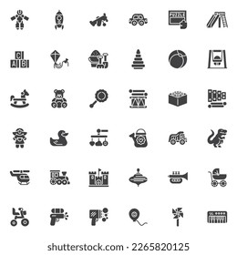 Children's toys vector icons set, modern solid symbol collection, filled style pictogram pack. Signs, logo illustration. Set includes icons as robot, puzzle, baby mobile, humming top, bicycle, car