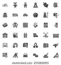 Children's toys vector icons set, modern solid symbol collection, filled style pictogram pack. Signs, logo illustration. Set includes icons as Bicycle, Doll, Teddy Bear, Puzzle, Train, Play Kitchen