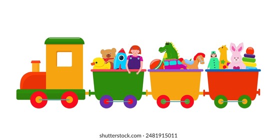 A children's train is carrying toys. In the trailers there is a doll, a duck, a ball, a car, a bear cub. Vector illustration.