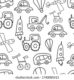 Children's transport vector seamless pattern black line with cars,
rocket,tractor, bike, airplane on a white isolated background. Design for coloring and wrapping paper.