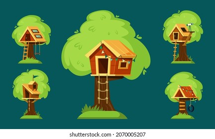 Childrens tree houses set. Wooden play hut with roof on branches of old oak trees colorful rope ladder for climbing and telescope on small balcony colored flags to interior. Vector cartoon vacation.