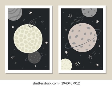 Childrens trendy vector set of illustrations of space theme in minimalist style.