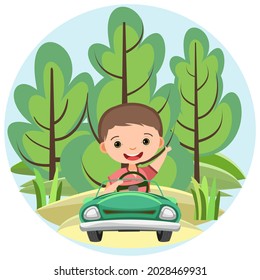 Childrens trip in a small car. Kid drives a pedal or electric toy automobile. Cartoon round illustration. Isolated. Summer rural landscape. Vector