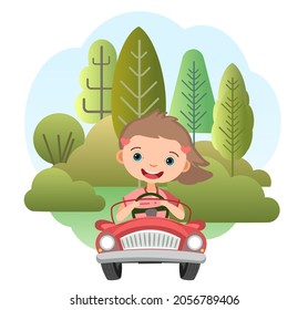 Childrens trip in a small car. Kid girl drives a pedal or electric toy automobile. Cartoon illustration. Isolated. Summer rural landscape. Vector.