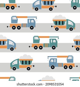 Children's trucks seamless pattern. Cartoon toy cars repeat background. Cute vector illustration of transport for baby.