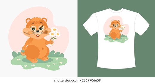 Children's T-shirt design with cute cartoon chipmunk and flowers. Drawing of a cartoon chipmunk on a T-shirt. Print for clothes. Illustration, vector