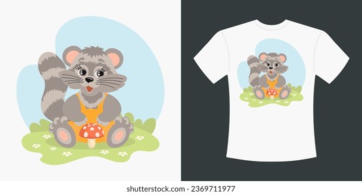 Children's T-shirt design with a cute cartoon raccoon and fly agaric. Drawing of a cartoon raccoon on a T-shirt. Print for clothes. Illustration, vector