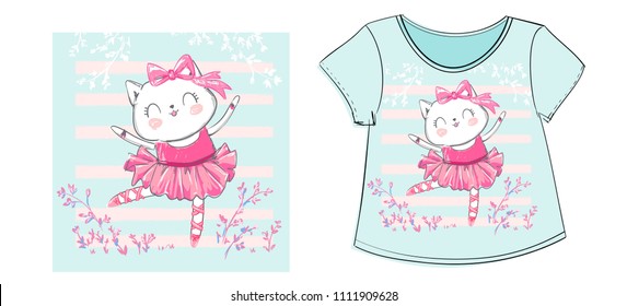 Children's t-shirt for girls with print, cat ballerina vector illustration
