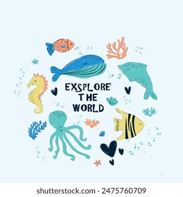 children's tshirt print design. Sea creatures and more