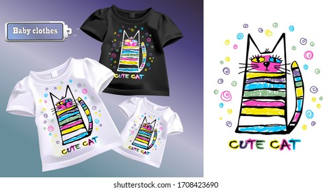 
Children's t-shirts with a pattern. Tabby cat on a t-shirt. Vector realistic illustration of baby clothes. Isolated object.