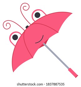 Children's umbrella in the form of an insect head. Cute pink butterfly. Isolated on a white background. Vector illustration.