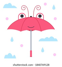 El paraguas infantil en forma de cabeza de insecto. Mariposa rosada. Aislado sobre un fondo blanco. Ilustración vectorial.