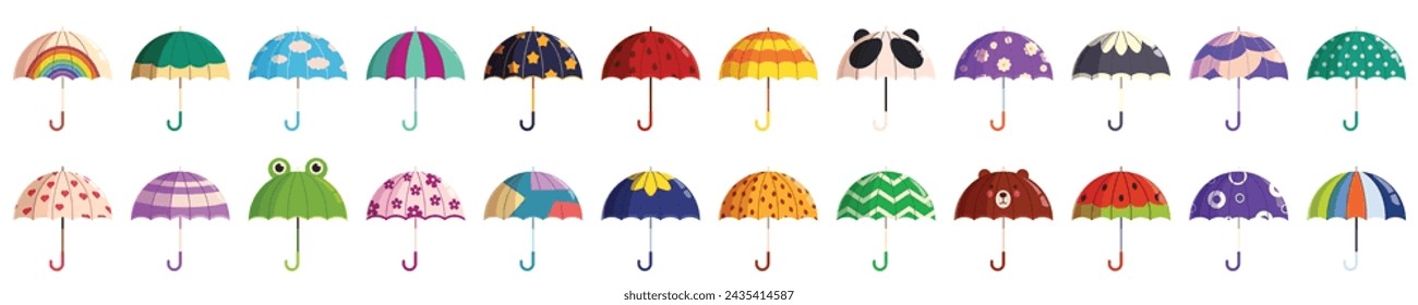 Childrens umbrella icons set cartoon vector. Sunshade fashion parasol. Weather rain play