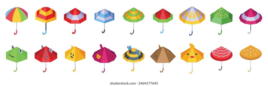 Childrens umbrella vector. A collection of colorful umbrellas with various designs and patterns. The umbrellas are arranged in a row, with some overlapping each other