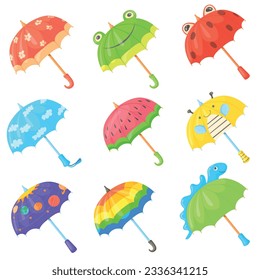 Childrens umbrellas. Cartoon childish umbrella colorful sunshade with flowers or cute animals, fashion parasol for boy girl kid rain weather neat set vector illustration of kids umbrella for sunshade