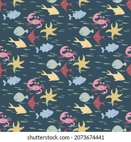 Children's underwater seamless pattern with swimming fish, crab and starfish