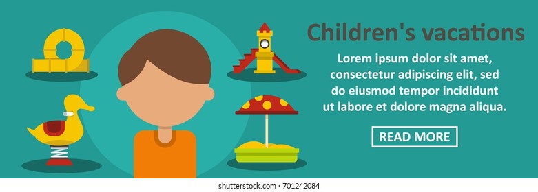 Childrens vacation banner horizontal concept. Flat illustration of childrens vacation banner horizontal vector concept for web