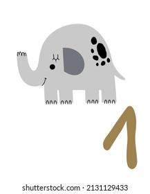 Children's vector card with the number one. Cute picture with an elephant and a number. Children's card for learning numbers. svg