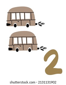 Children's vector card with the number two. Nice picture with cars and numbers. Children's card for learning numbers.