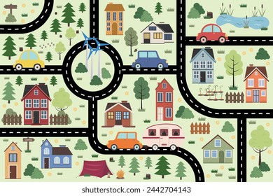  Children's vector card with street and cars. A game for children with a road in the form of a labyrinth.