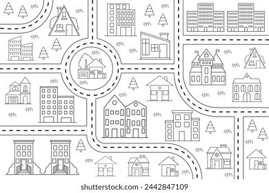 Children's vector card with street and cars. A game for children with a road in the form of a labyrinth.